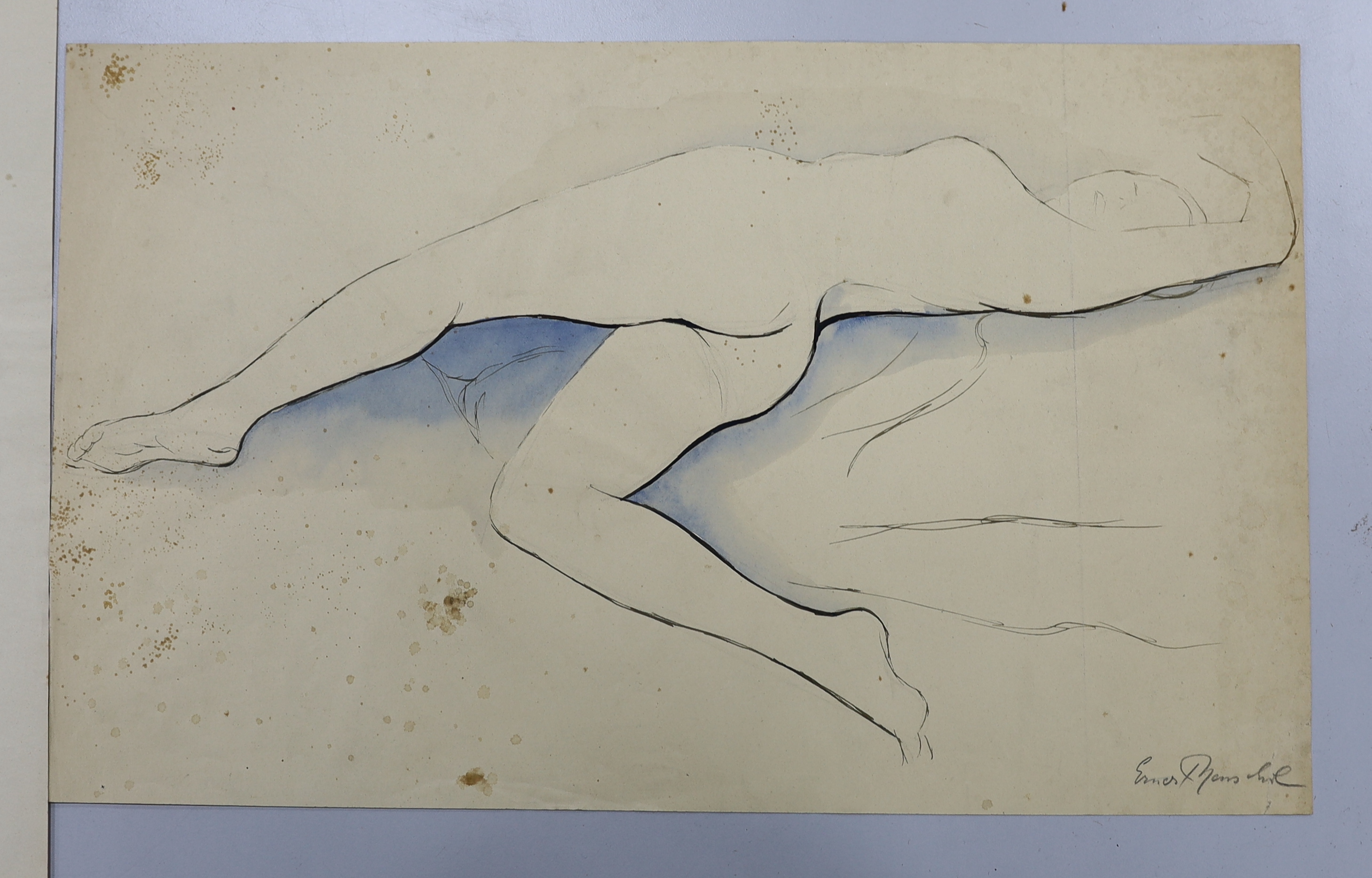 Two mid 20th century ink and washes on paper, figural sketches, nude study and portrait of a lady, each indistinctly signed, unframed, 45 x 29cm